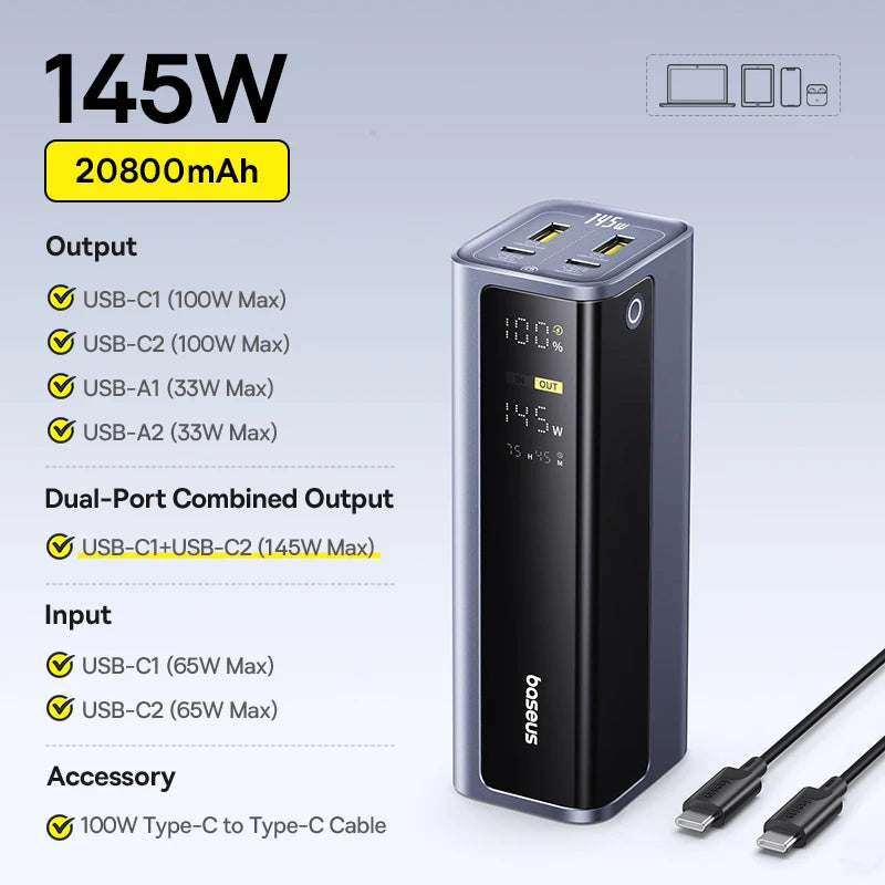 145W Portable Power Bank Fast Charging for Laptop & Phone