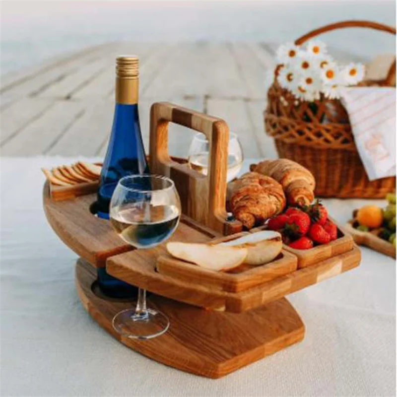 Wooden Folding Picnic Table with Wine Glass Holder – Portable