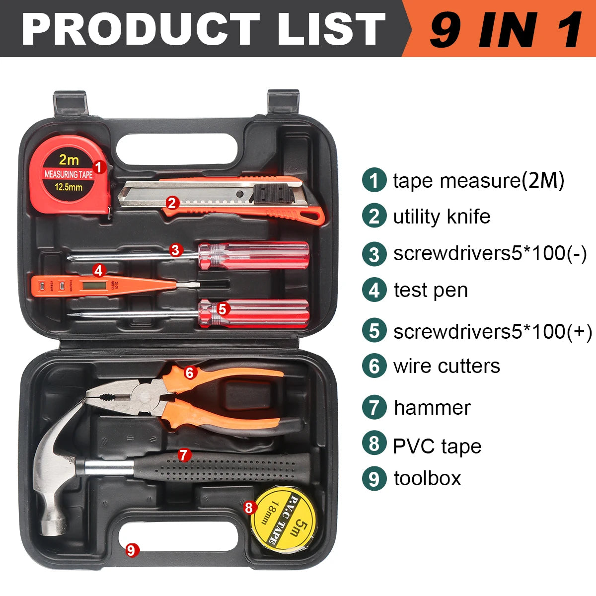 Car Repair Tool Kit with 13-Piece Hand Tools & Toolbox