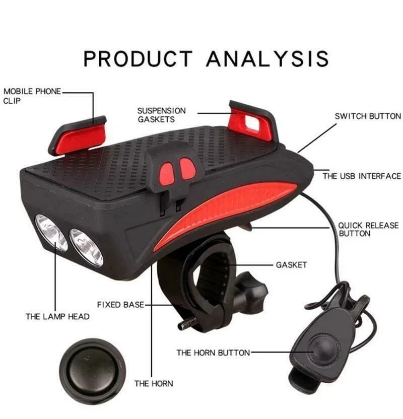 Solar Bike Light with Horn & Phone Holder Safety