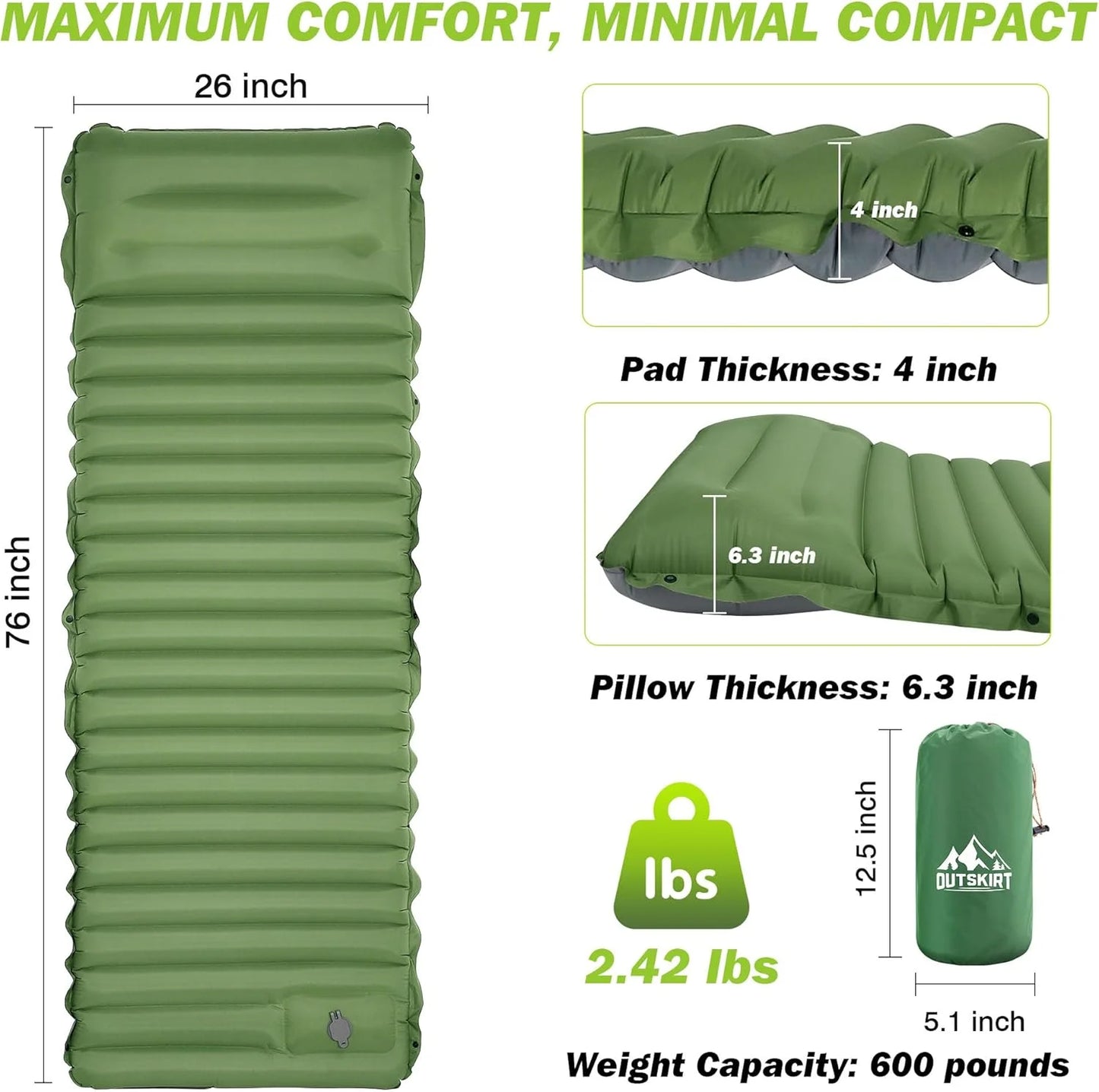 Self-Inflating Camping Sleeping Pad 4” Thick Comfort