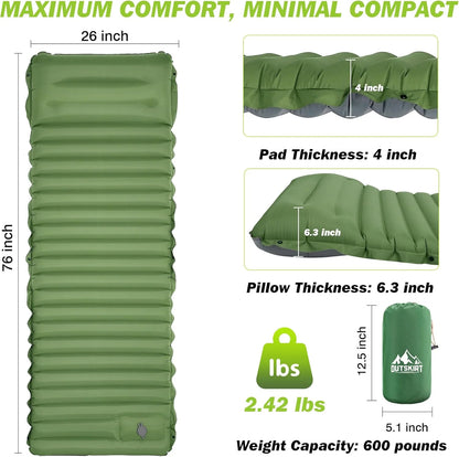 Self-Inflating Camping Sleeping Pad 4” Thick Comfort