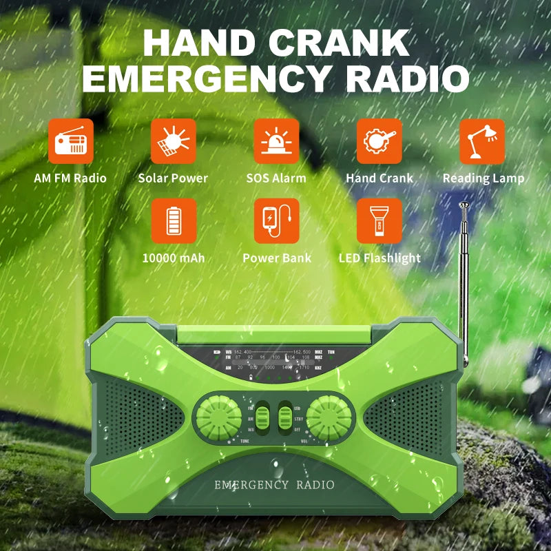 Emergency Radio with Solar & Hand Crank – 10000mAh Power Bank