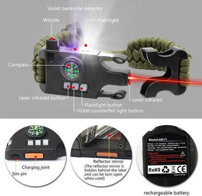 Tactical Survival Wristband with LED SOS & Compass