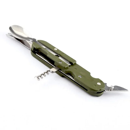 Folding Stainless Steel Camping Cutlery Set with Bottle Opener