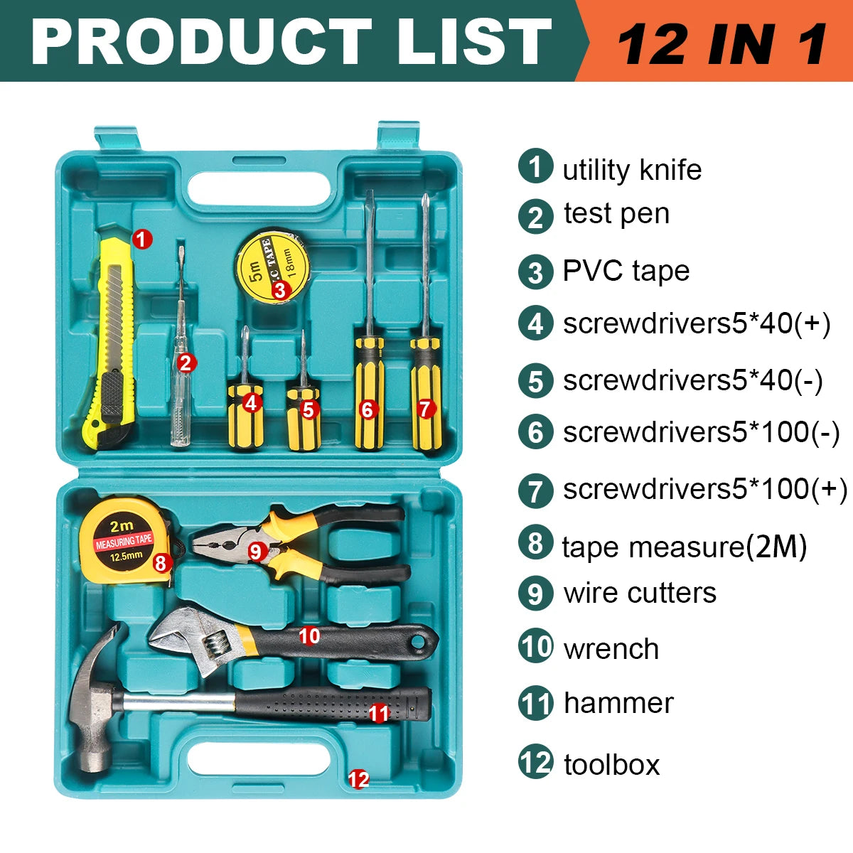 Car Repair Tool Kit with 13-Piece Hand Tools & Toolbox