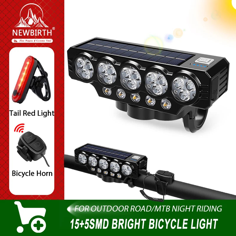 Solar Bike Headlight with Horn Bright & Rechargeable