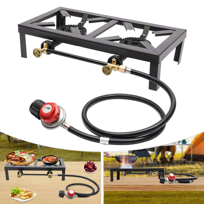 Portable Double Burner Camping Gas Stove with Regulator Hose