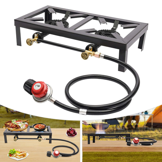 Portable Double Burner Camping Gas Stove with Regulator Hose