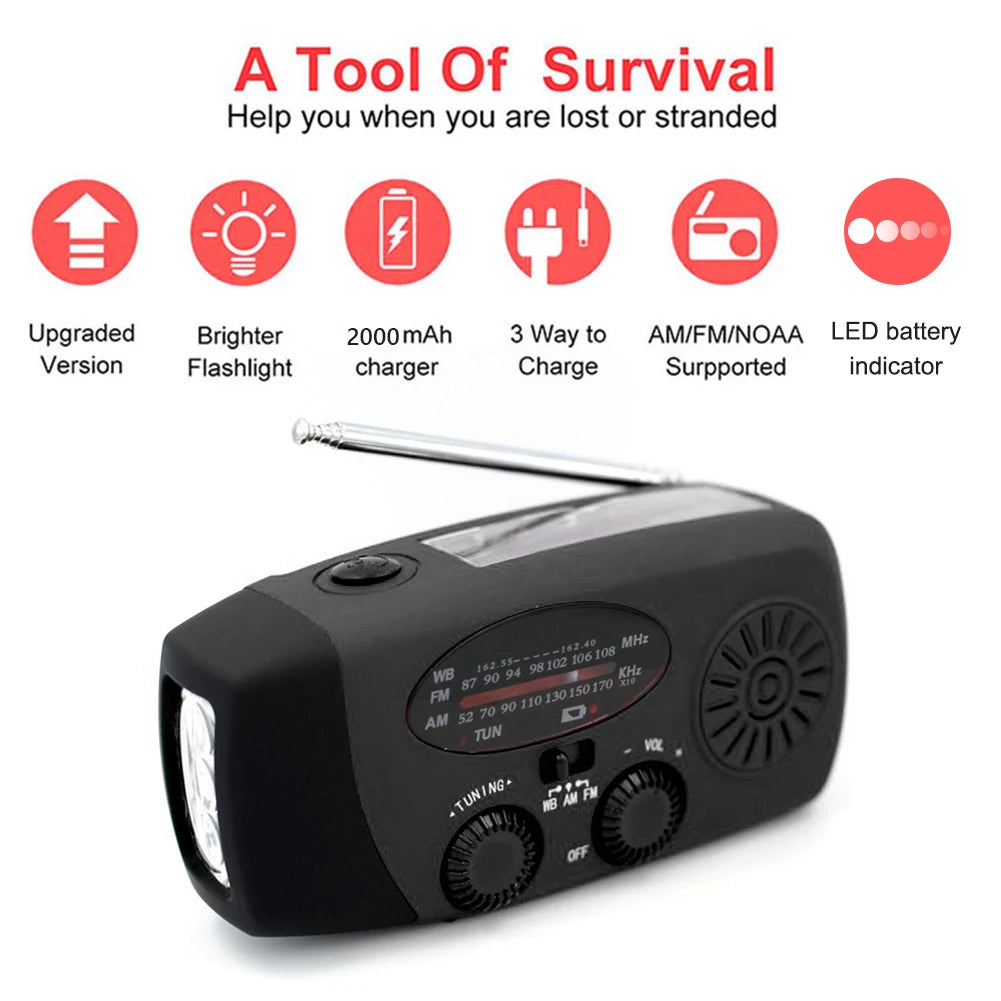 Emergency Radio with Solar & Hand Crank – 10000mAh Power Bank