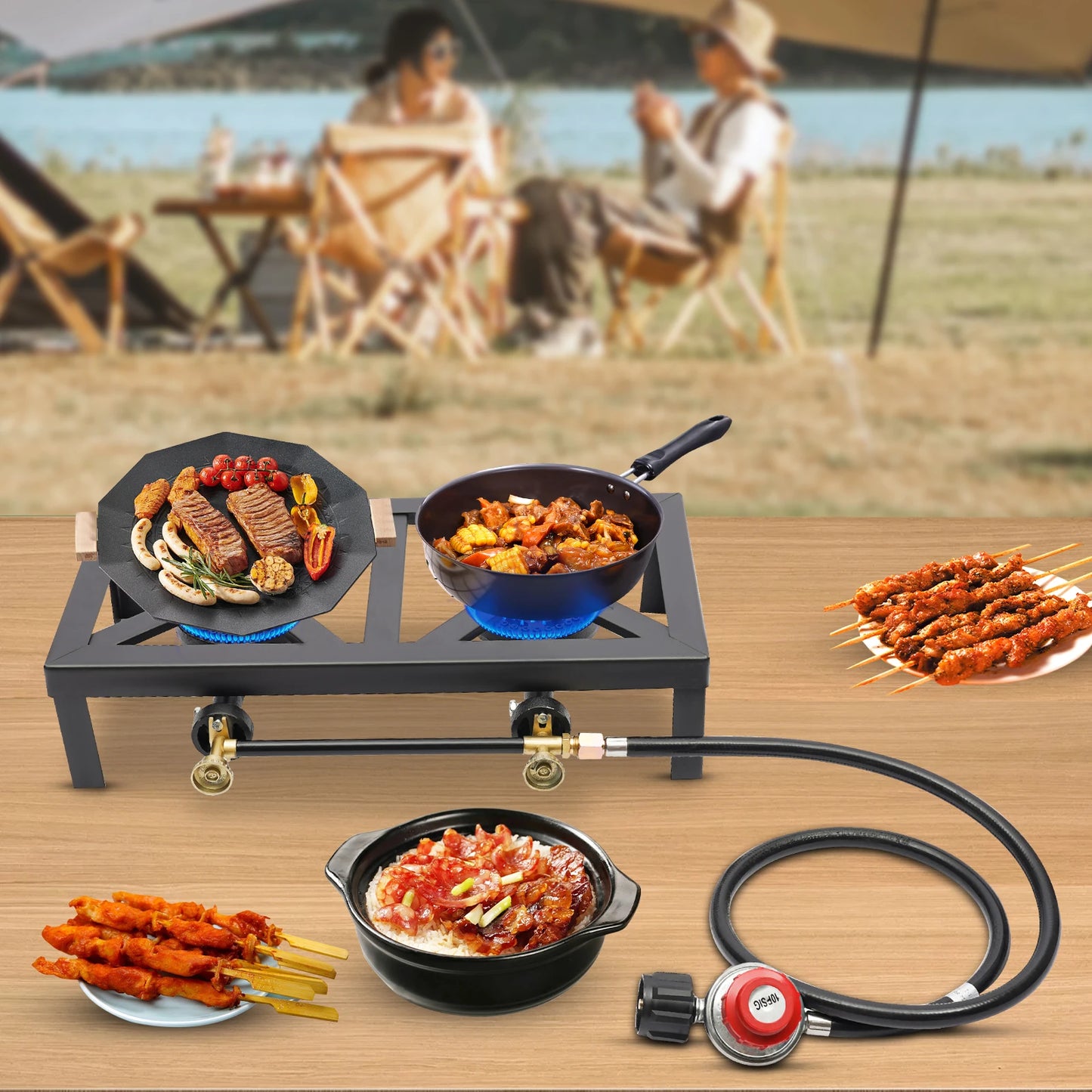 Portable Double Burner Camping Gas Stove with Regulator Hose