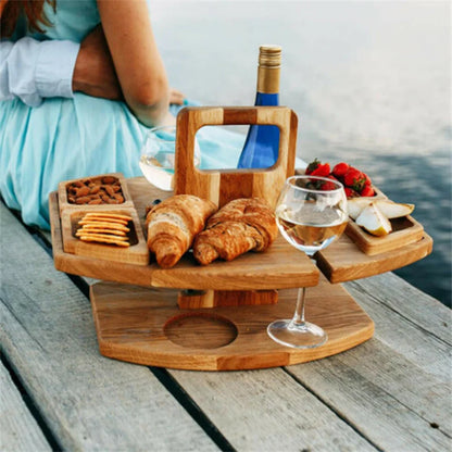 Wooden Folding Picnic Table with Wine Glass Holder – Portable
