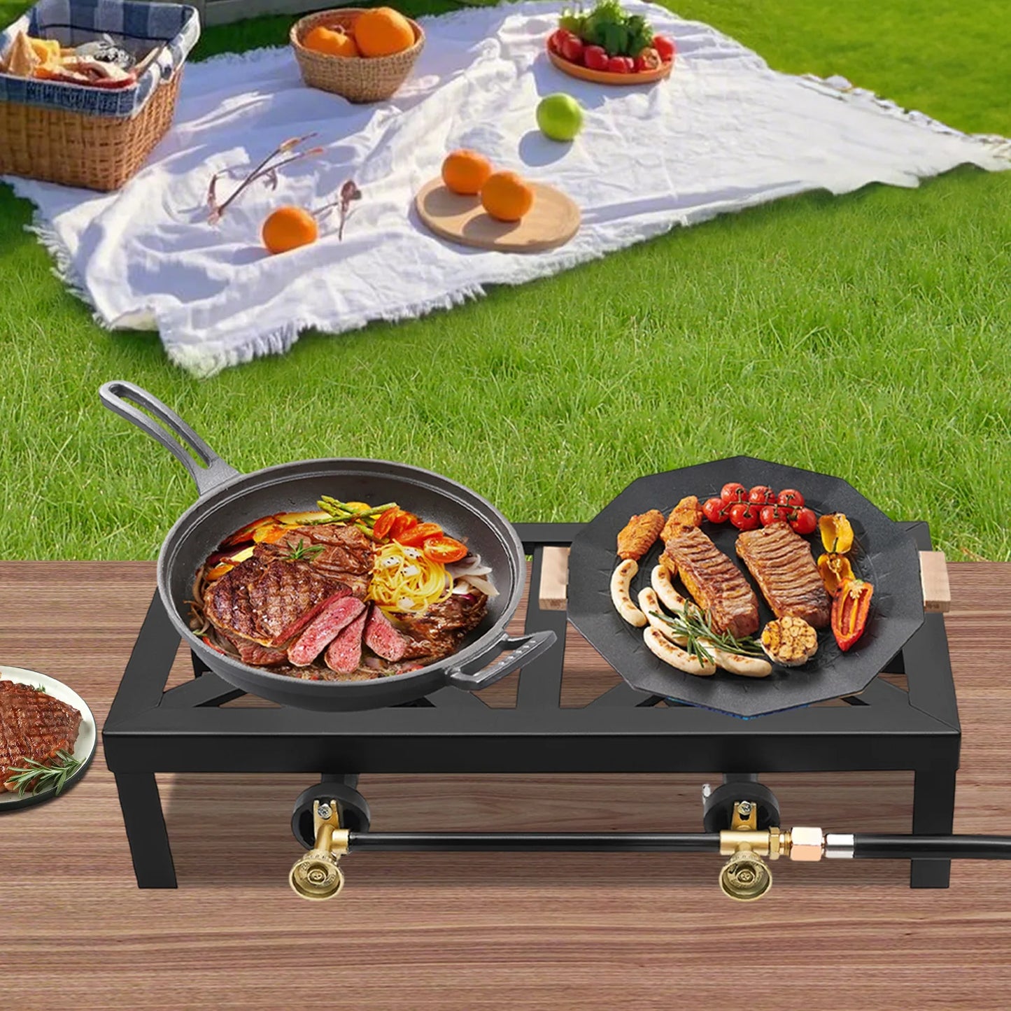 Portable Double Burner Camping Gas Stove with Regulator Hose