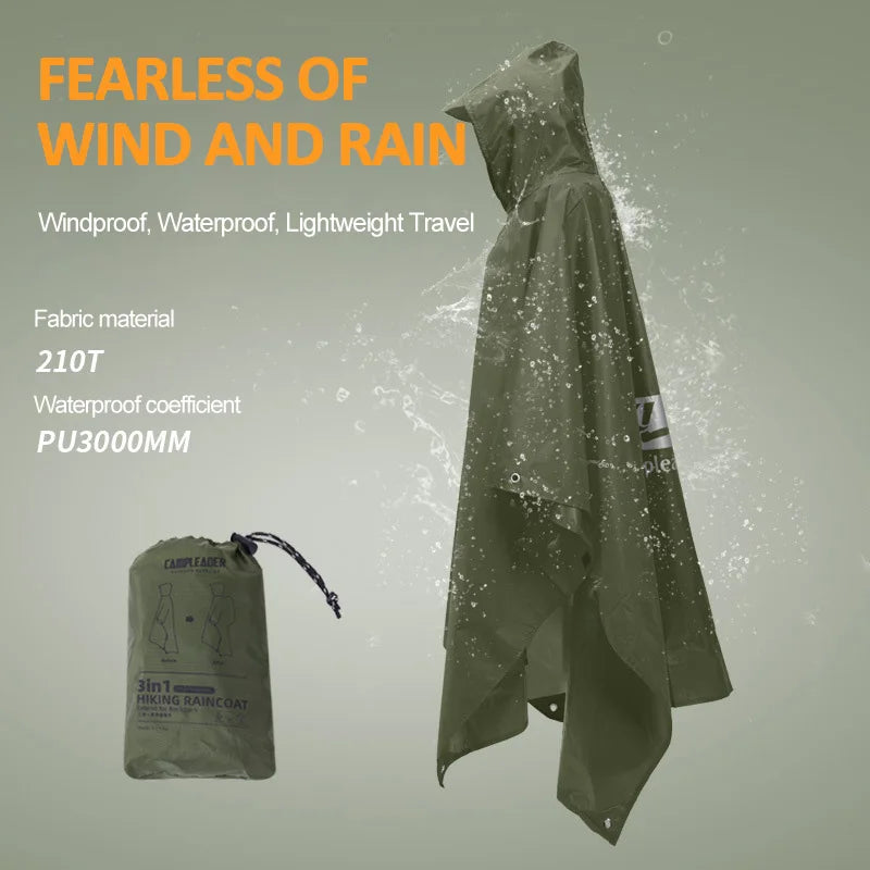 3-in-1 Waterproof Rain Poncho for Camping & Hiking