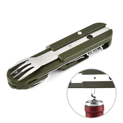 Folding Stainless Steel Camping Cutlery Set with Bottle Opener
