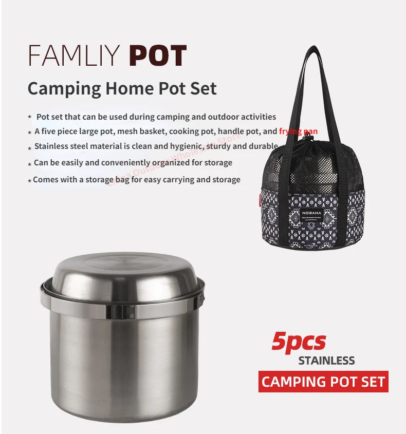 Outdoor Stainless Steel Camping Pot Set – 5L Family Cookware
