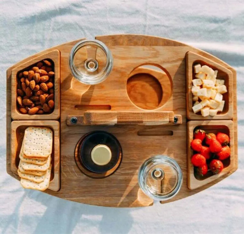Wooden Folding Picnic Table with Wine Glass Holder – Portable