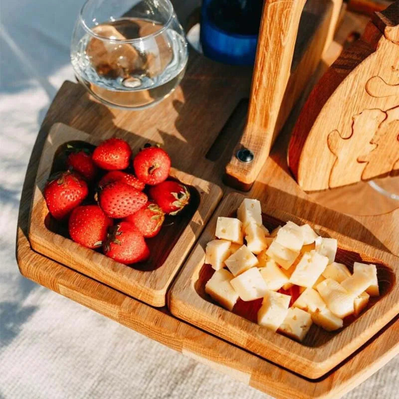 Wooden Folding Picnic Table with Wine Glass Holder – Portable