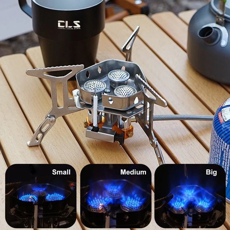 Portable Three-Head Camping Stove – Windproof & Foldable