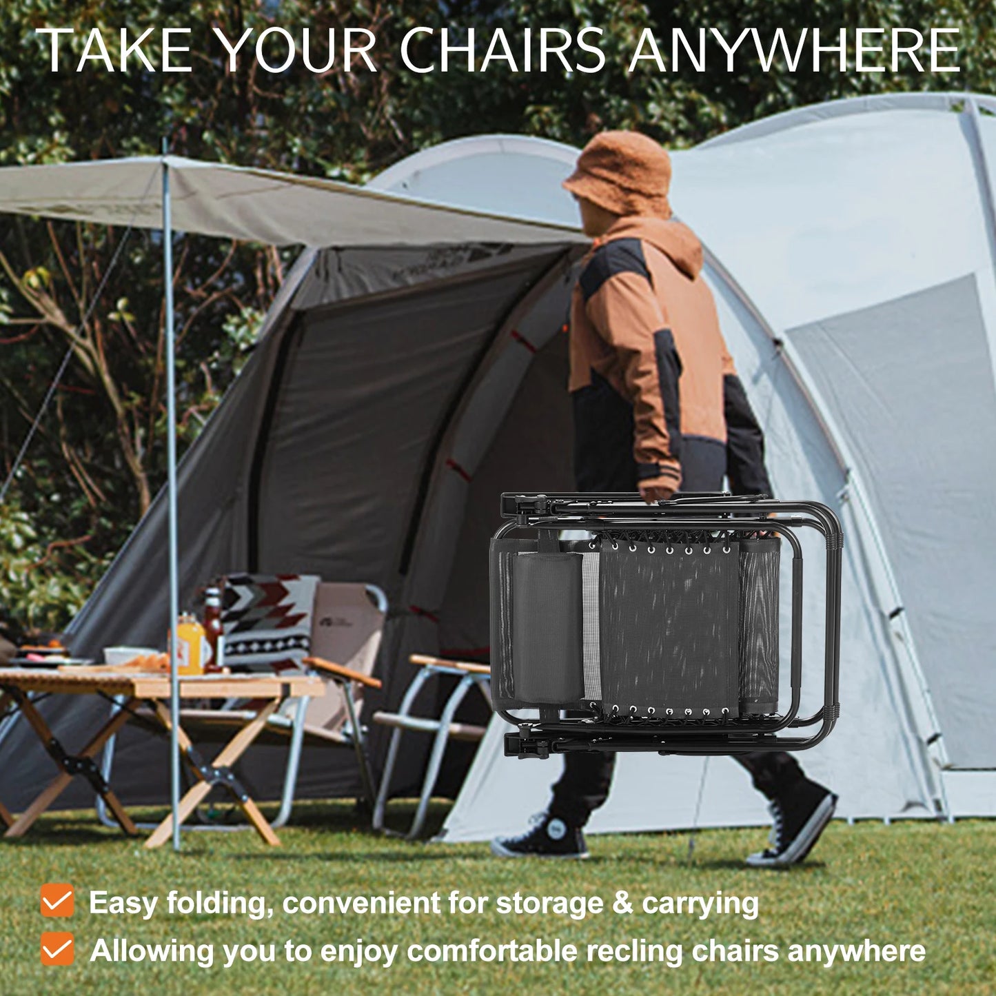 Zero Gravity Reclining Camping Chair Set with Cup Holders