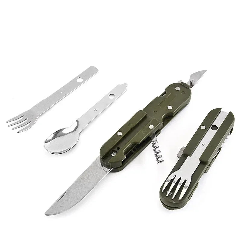 Folding Stainless Steel Camping Cutlery Set with Bottle Opener