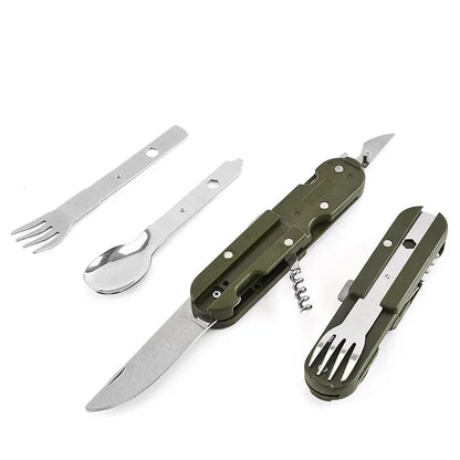 Folding Stainless Steel Camping Cutlery Set with Bottle Opener