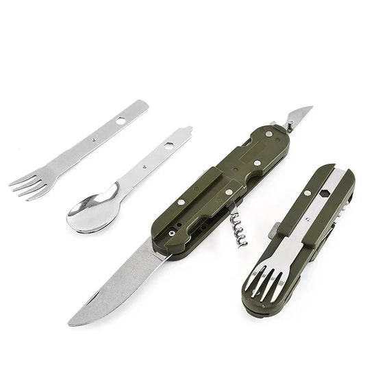 Folding Stainless Steel Camping Cutlery Set with Bottle Opener