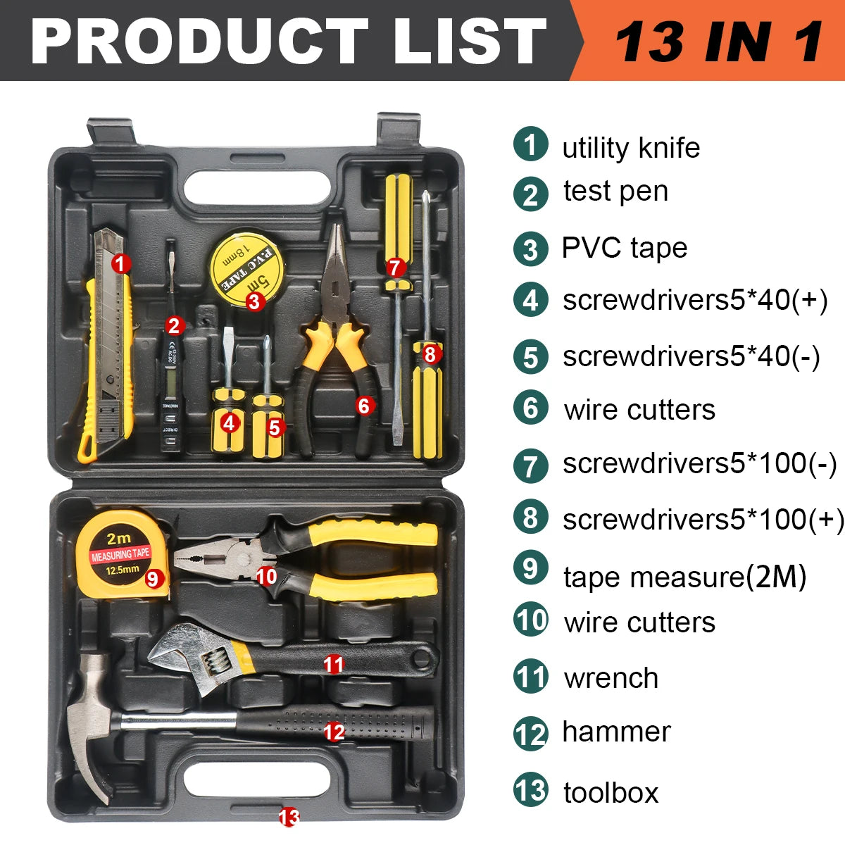Car Repair Tool Kit with 13-Piece Hand Tools & Toolbox