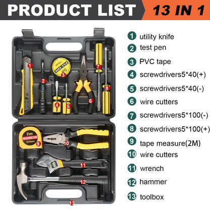 Car Repair Tool Kit with 13-Piece Hand Tools & Toolbox