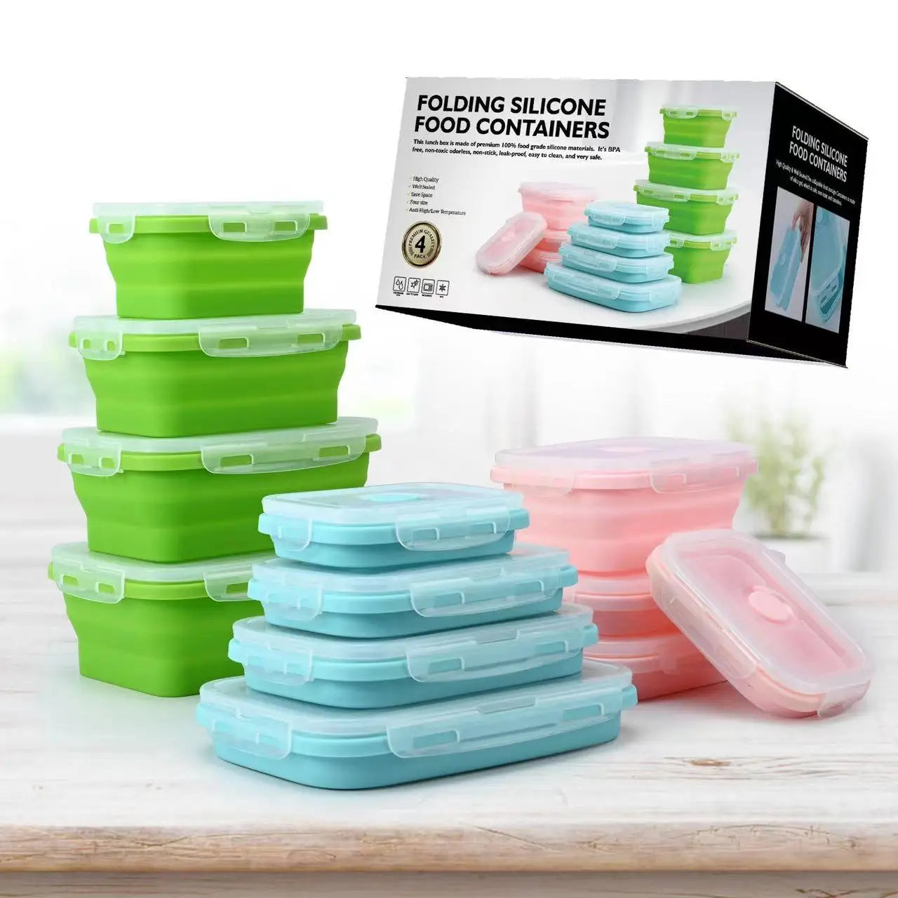 4-Pack Collapsible Silicone Lunch Boxes – Space-Saving Food Storage