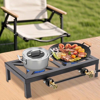 Portable Double Burner Camping Gas Stove with Regulator Hose