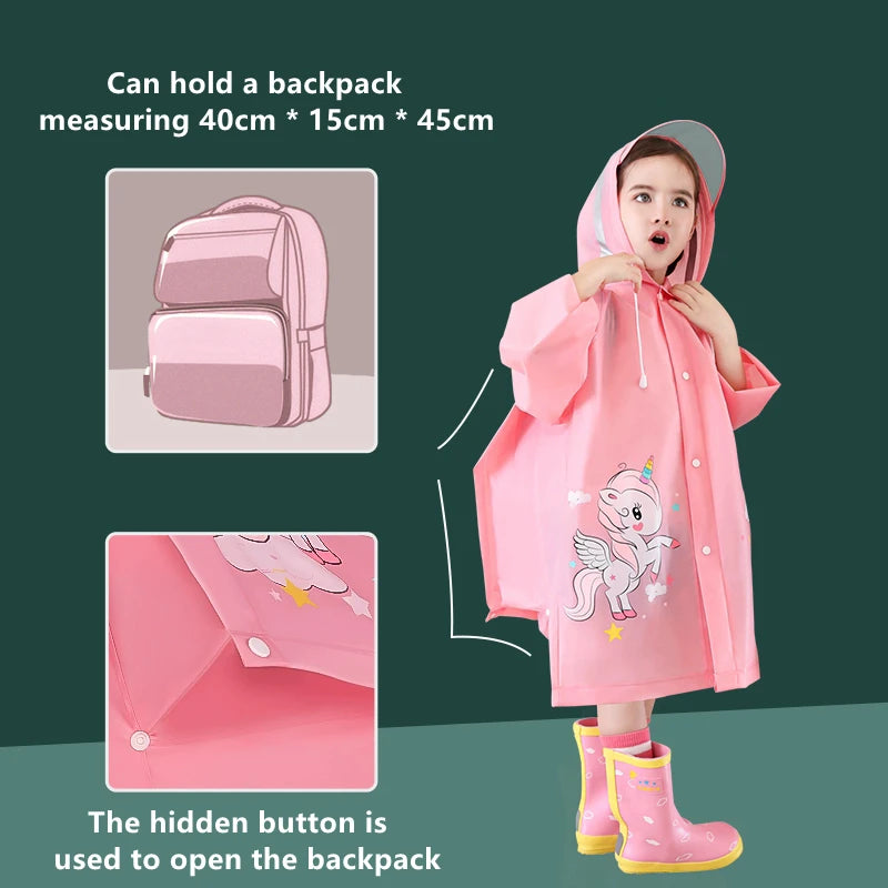 Kids Rain Poncho with Backpack Cover Waterproof Protection