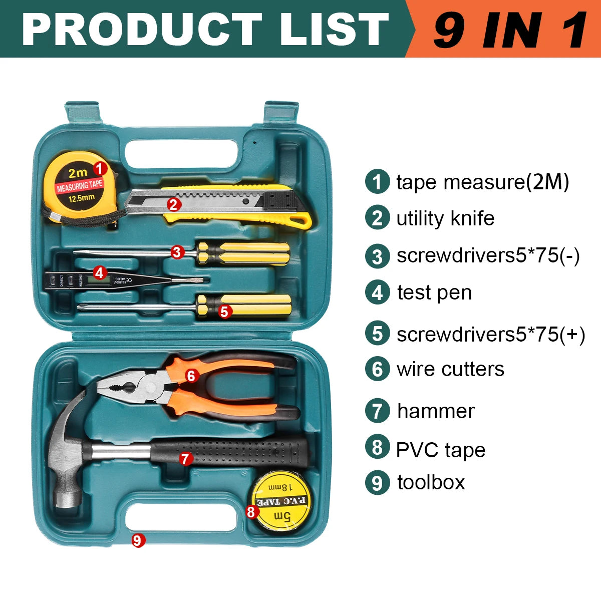Car Repair Tool Kit with 13-Piece Hand Tools & Toolbox