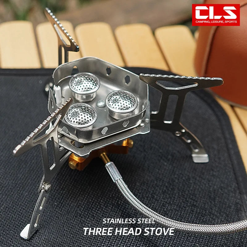 Portable Three-Head Camping Stove – Windproof & Foldable