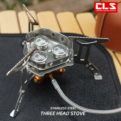 Portable Three-Head Camping Stove – Windproof & Foldable