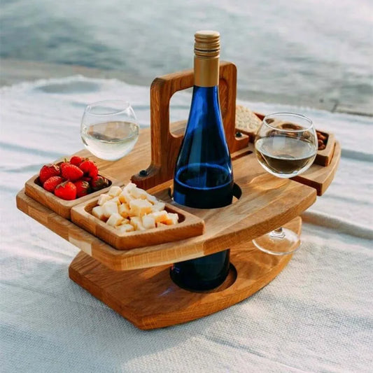 Wooden Folding Picnic Table with Wine Glass Holder – Portable